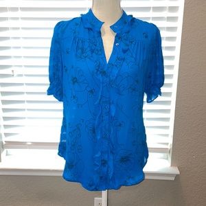 Worthington Royal Blue Blouse with Black Floral Details in Small